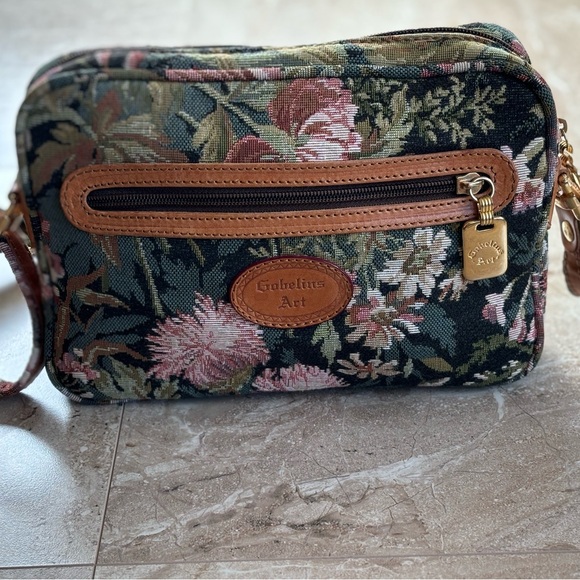 Vintage Gobelins Art Green and Brown Crossbody Bag  Floral Tapestry Purse - Picture 1 of 11